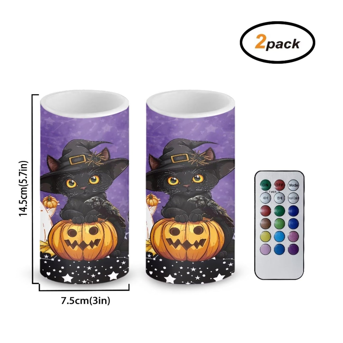Luarisgur Halloween Flameless Candles with Remote, 2 Pack LED Battery Operated Candles for Halloween Party Multicolor Flameless Electric Pillar Candle with Black Cat Ghost