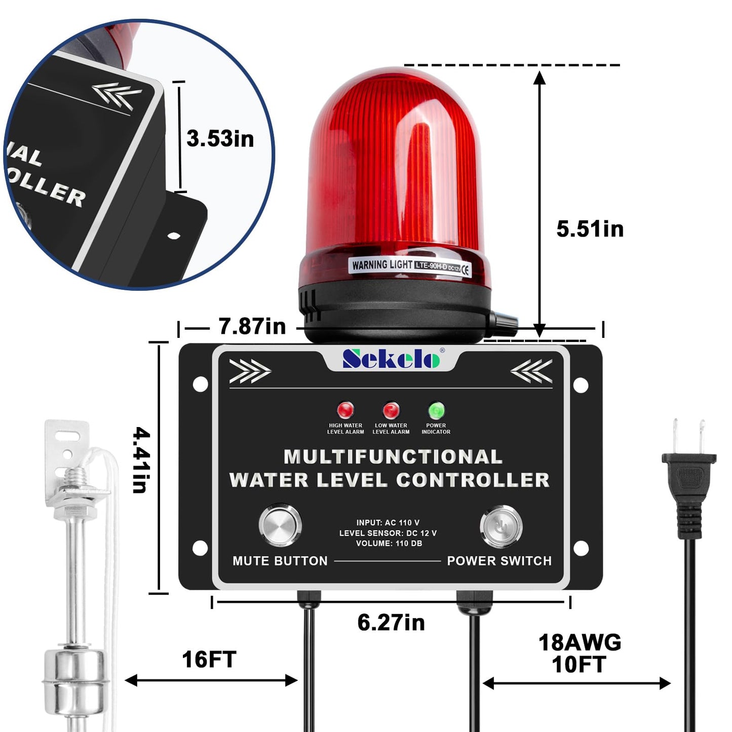 110V Sump Pump Alarm – High/Low Water Level Alarm with 30-110dB Loud Siren and LED Indicator Light, 16ft Probe Cable, Ideal for Sewage Pumps and Basements