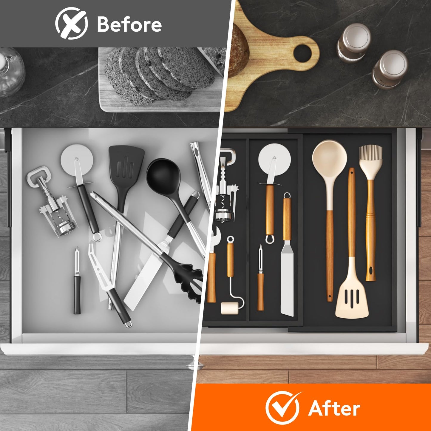 Lifewit Utensil Organizer for Kitchen Drawer, Expandable 13 to 22.4 Inches Wide, Adjustable Cooking Silverware Tray, Bamboo Cutlery Flatware Holder, Spatula Tools and Gadgets Storage Divider, Natural