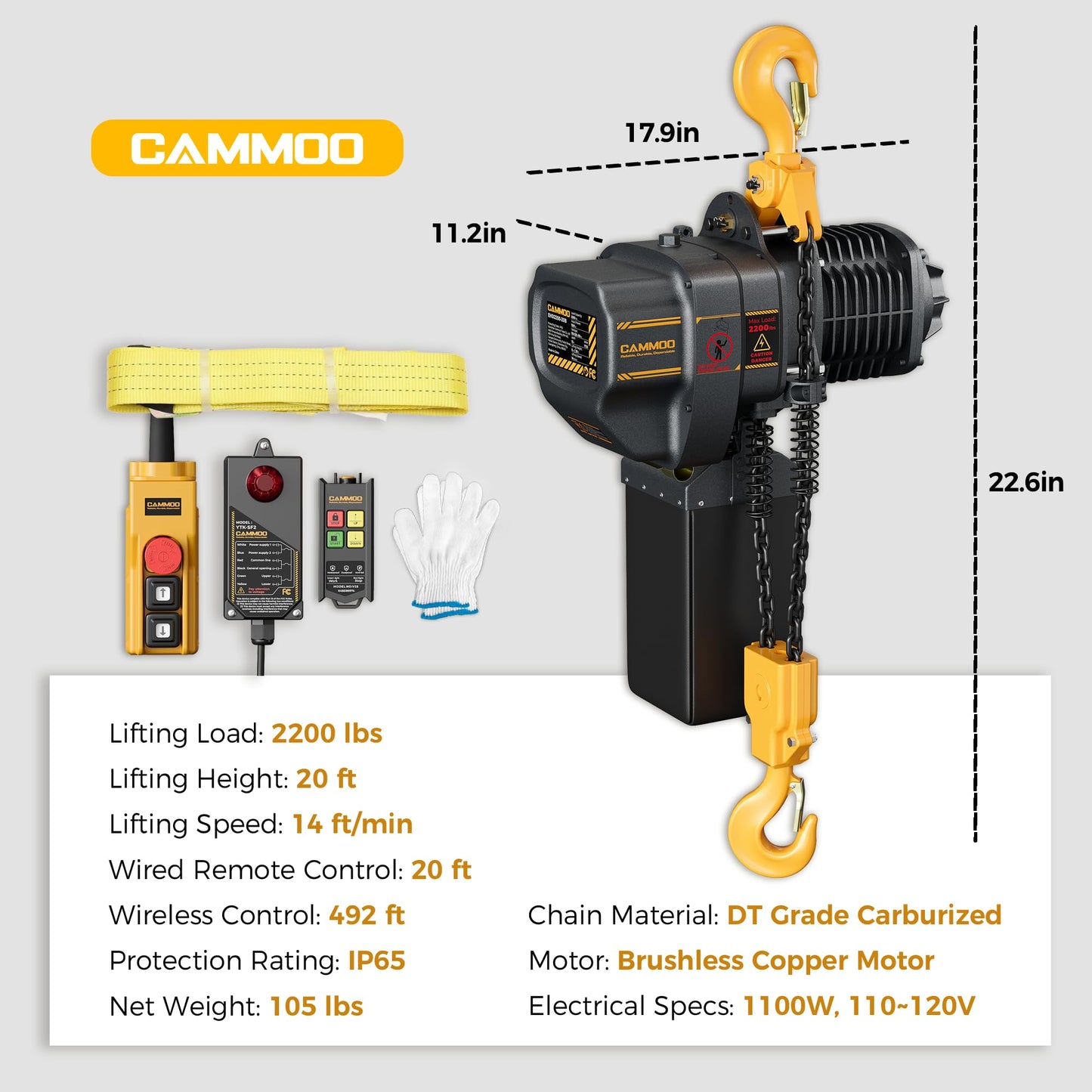 CAMMOO Electric Chain Hoist, 2200 lbs Load, 20 ft Lifting Height, Extended 492 ft Wireless & 20 ft Wired Remote Control, Brushless Copper Motor, DT Carburized Chain, IP65 for Warehouse, Construction