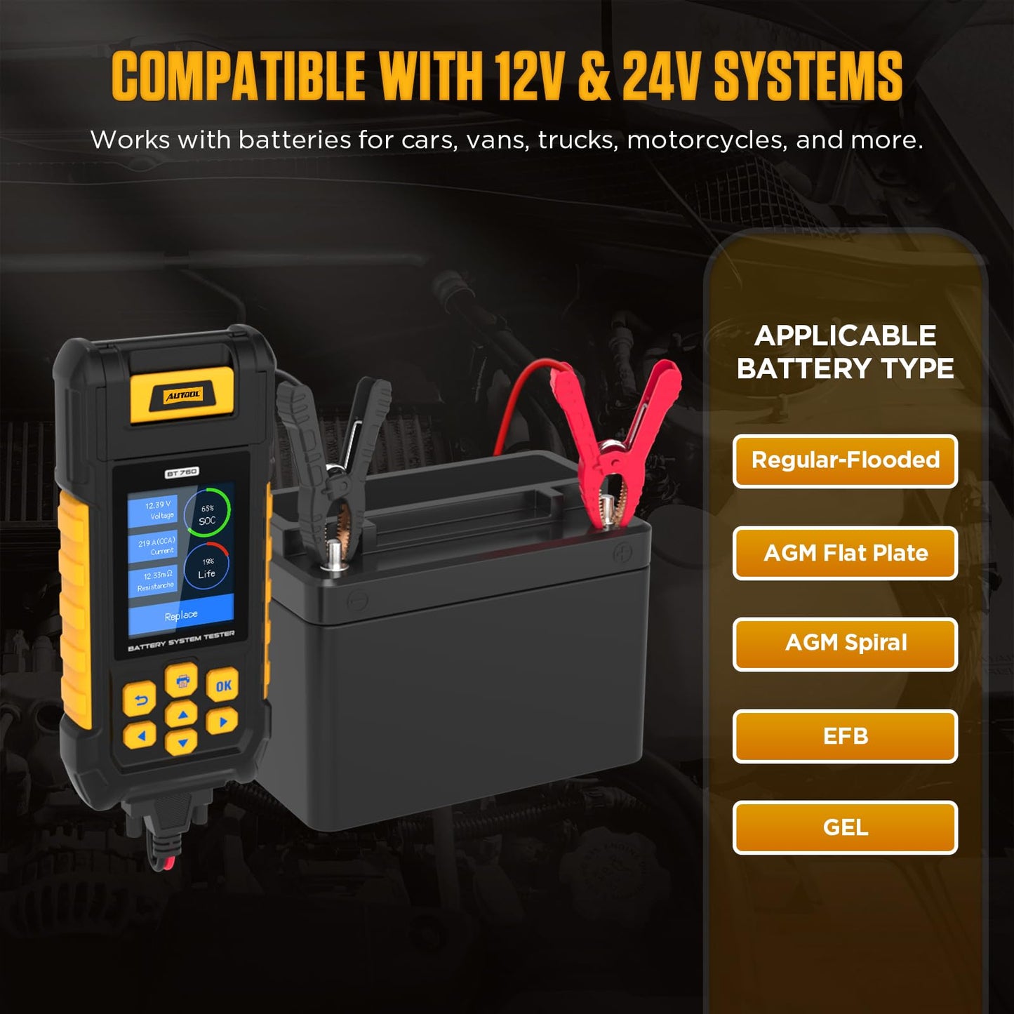 AUTOOL BT760 Automotive Battery Tester with Thermal Printer – 12V/24V Car & Motorcycle Battery Checker, Cranking & Charging Test, Reverse Polarity Protection, HD Color Display