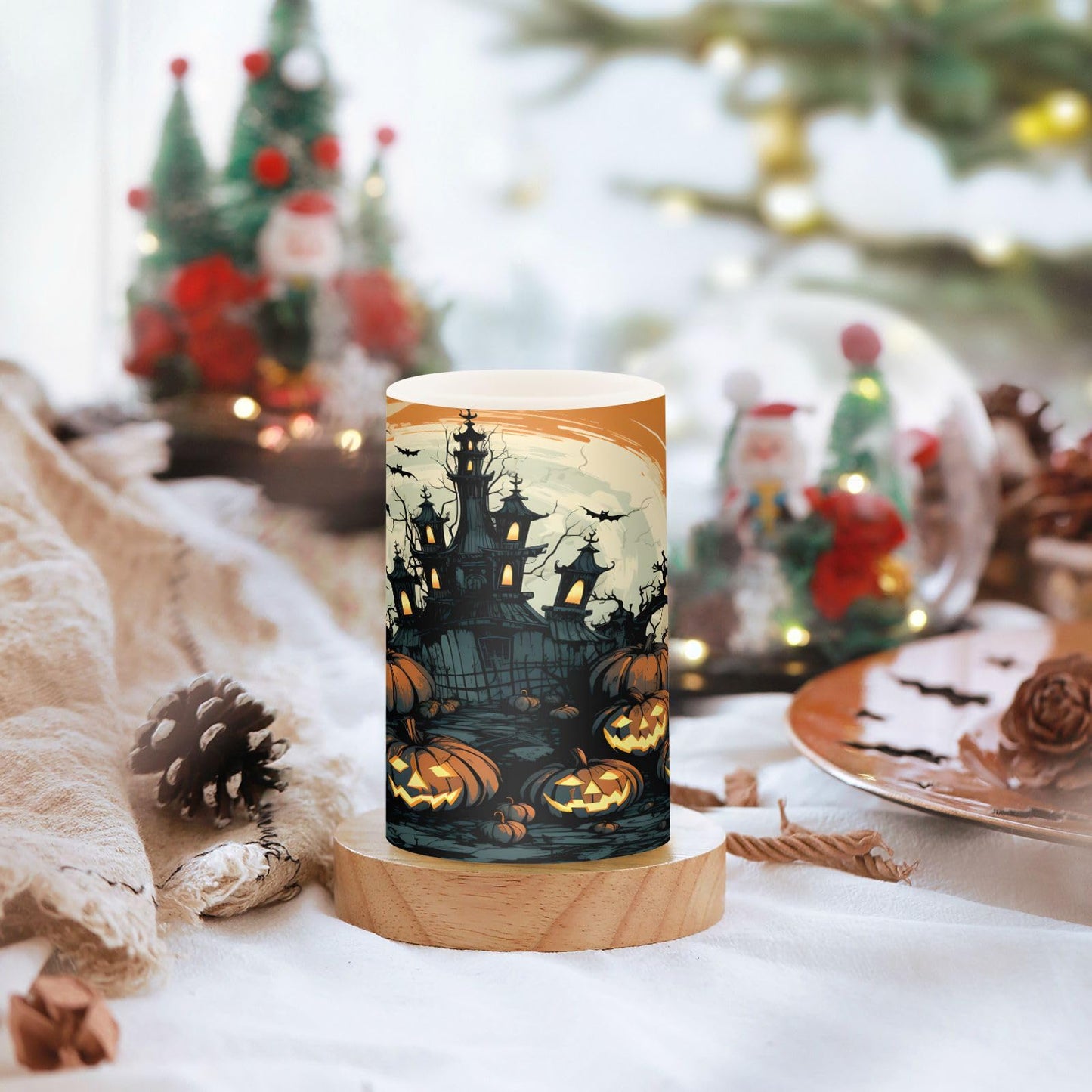 ALAZA Halloween Pumpkins Castle Bat4 Flickering Flameless Candles Battery Operated with Remote Timer,Tea Light Candles LED Pillar Votive Candles Set of 2 for Outdoor Indoor Decorations