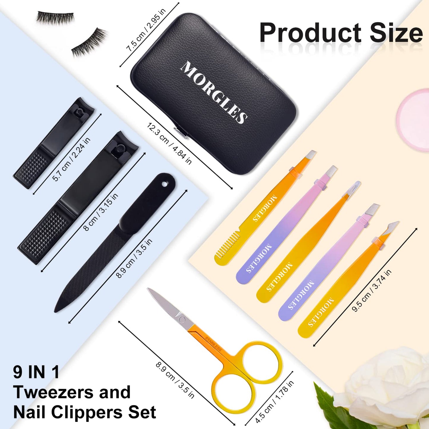 MORGLES Tweezers Set and Nail Clippers, 9 Pcs Stainless Steel Tweezers Kit for Men Professional Manicure Set for Men Grooming Kit with Leather Travel Case
