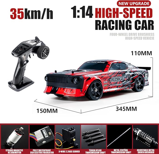RC Drift Car 1/14 Scale RC Race Car with Spray Cool LED Lights 2.4G 4WD High Speed 35KM/H Drifting Cars Proportional Throttle with 2 Batteries RTR Gifts for Teen Adults