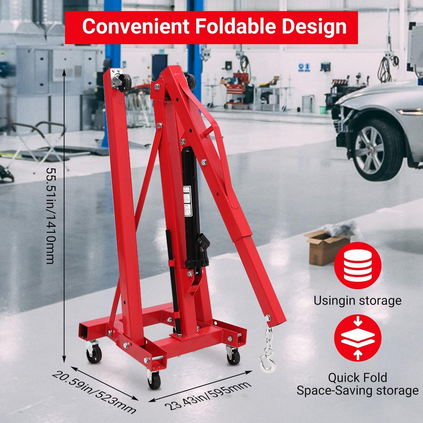 EliteEdge 2 Ton Engine Hoist, Folding Cherry Picker Engine Hoist with Lever, 6 Casters, 4400lbs Hydraulic Engine Crane, Heavy Duty Shop Cherry Picker for Garage and Workshop Engine Lifting