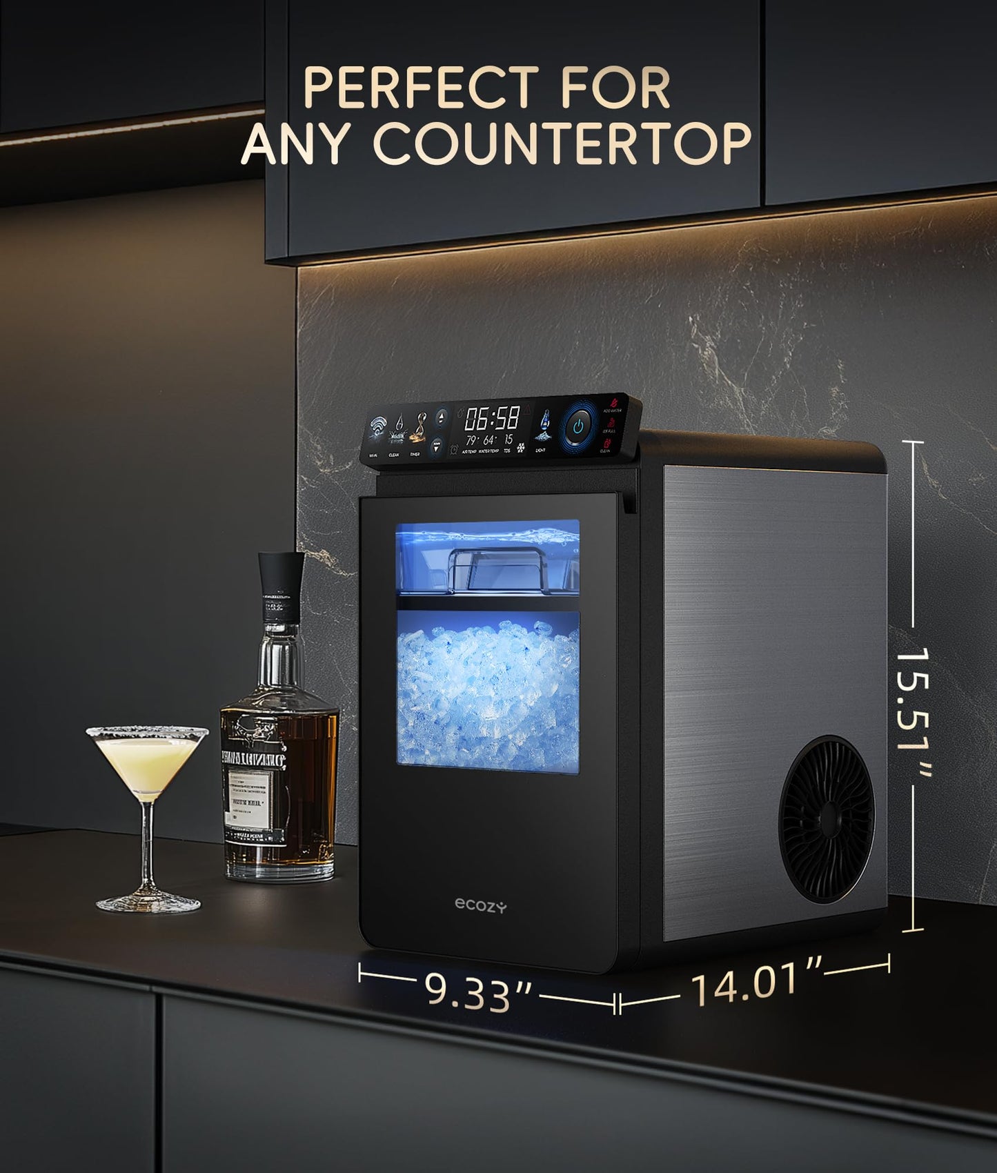 ecozy Nugget Ice Maker Countertop, Smart Pebble Ice Machine with APP Control, 44 lbs Per Day Soft Pellet Chewable Ice with Self-Cleaning, Stainless Steel