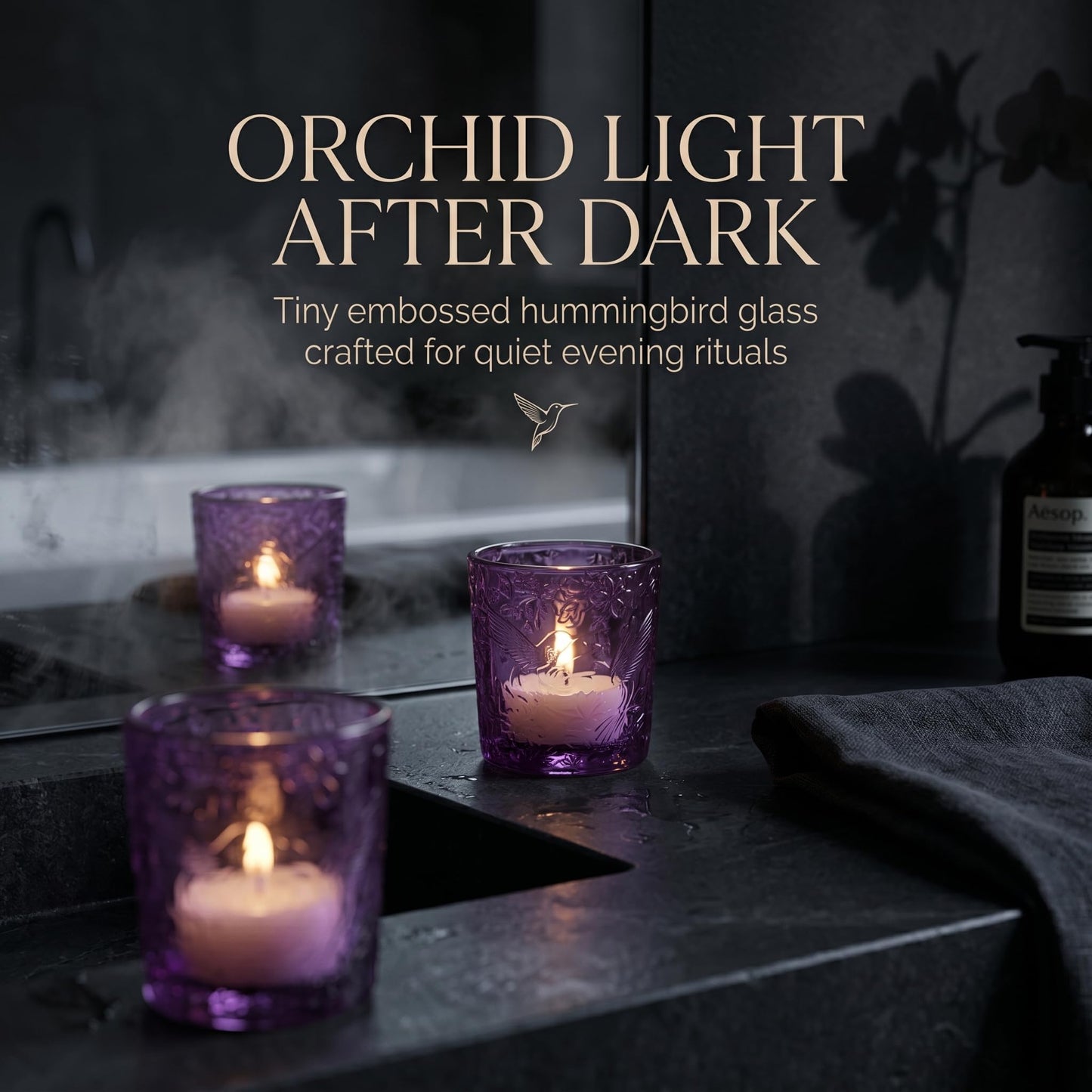 12 Pack Hummingbird Embossed Glass Candle Holders – Votive Tealight Holders with Patent Design, Decorative Embossed Glass Cups for Wedding Centerpieces, Parties, and Home Décor (Amethyst Bloom)