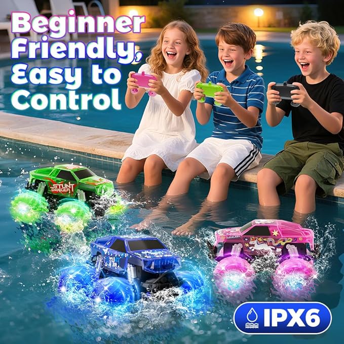 Amphibious Monster Truck Toy Waterproof Remote Control Car 4WD Off-Road RC Truck with Colorful Light RC Stunt Car Toy for 4-7 8-12 Year Boy Birthday Gift Present