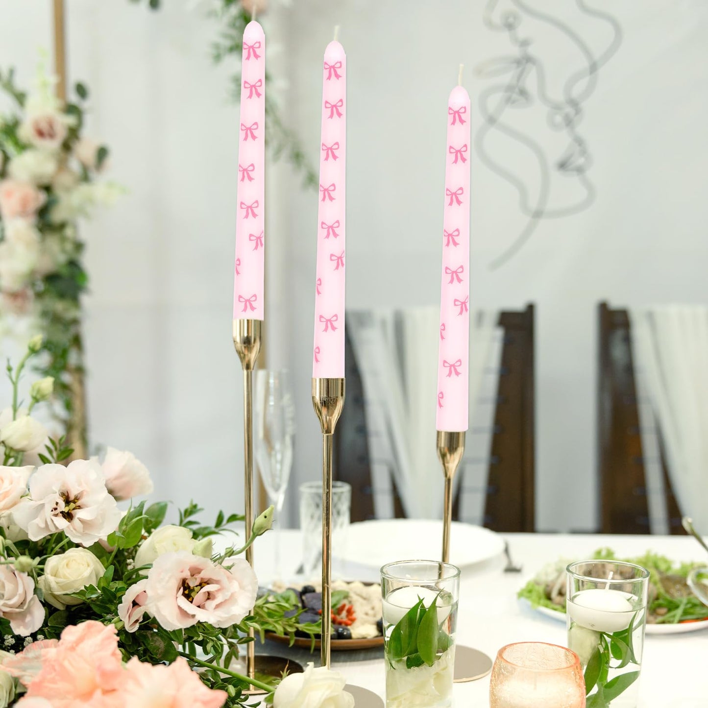 JarThenaAMCS 6Pcs Valentine's Day Taper Candles 10 Inch Pink Bow Decorative Candles Long Unscented Candle Sticks for Holiday Birthday Wedding Baby Shower Party Home Table Decor