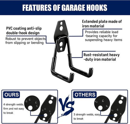Garage Wall Hooks - 17 Pack Heavy Duty Utility Hooks with 3 Extension Cord Straps | Perfect for Ladders, Bikes, and Garden Tools