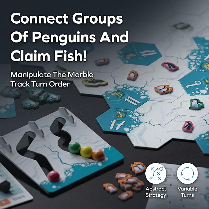 Allplay Waddle Board Game for Adults and Families - Connect Groups of Penguins to Claim The Most Fish - 1-Minute to Teach in A Small Box - 15 Min 2-5 Players Ages 7+