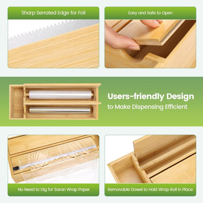 Soligt 2 in 1 Foil and Plastic Wrap Organizer | Aluminum Foil Dispenser with Serrated Edge | Plastic Wrap Dispenser with Cutter | Bamboo Kitchen Drawer Organizer Fit Parchment, Wax Paper