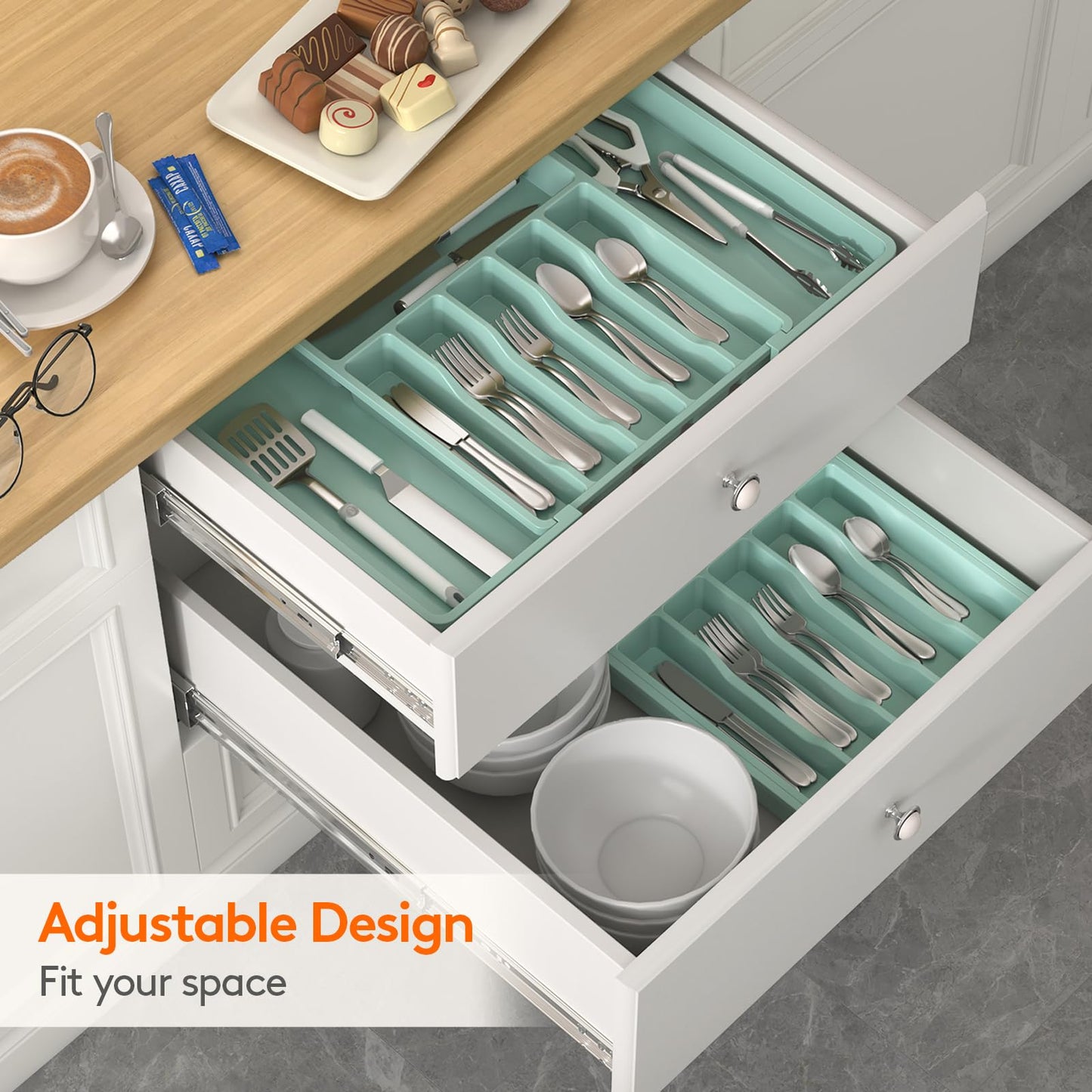 Lifewit Silverware Drawer Organizer, Expandable Utensil Tray for Kitchen, BPA Free Flatware and Cutlery Holder, Adjustable Plastic Storage for Spoons Forks Knives, 8.5"-14.1" x 12.1", Black