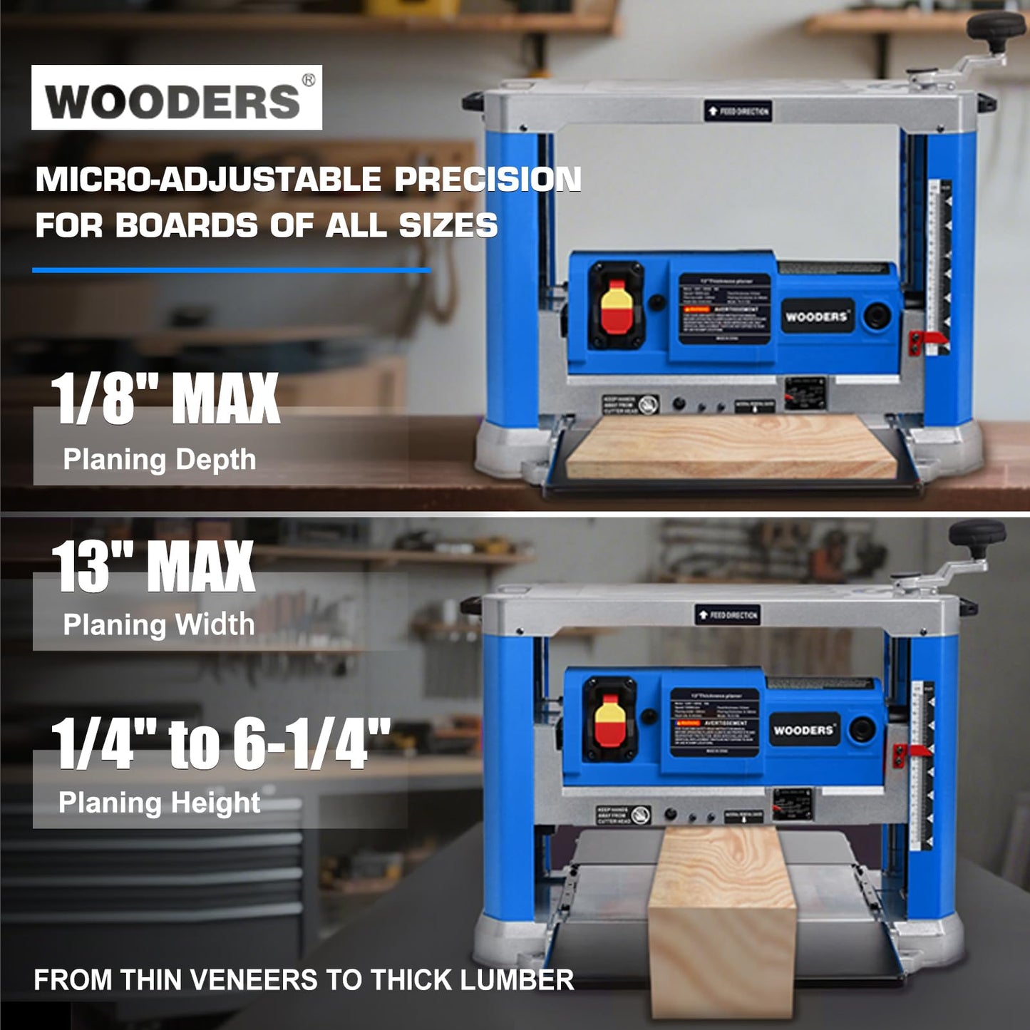 WOODERS 13-inch Thickness Planer, 15Amp, 2000W, 10000RPM, All Copper Motor, Dual-Blade Cutterhead, Includes 2 Extra Planer Blades, Height Indicator, Overload Protection, for Hard & Soft Wood working