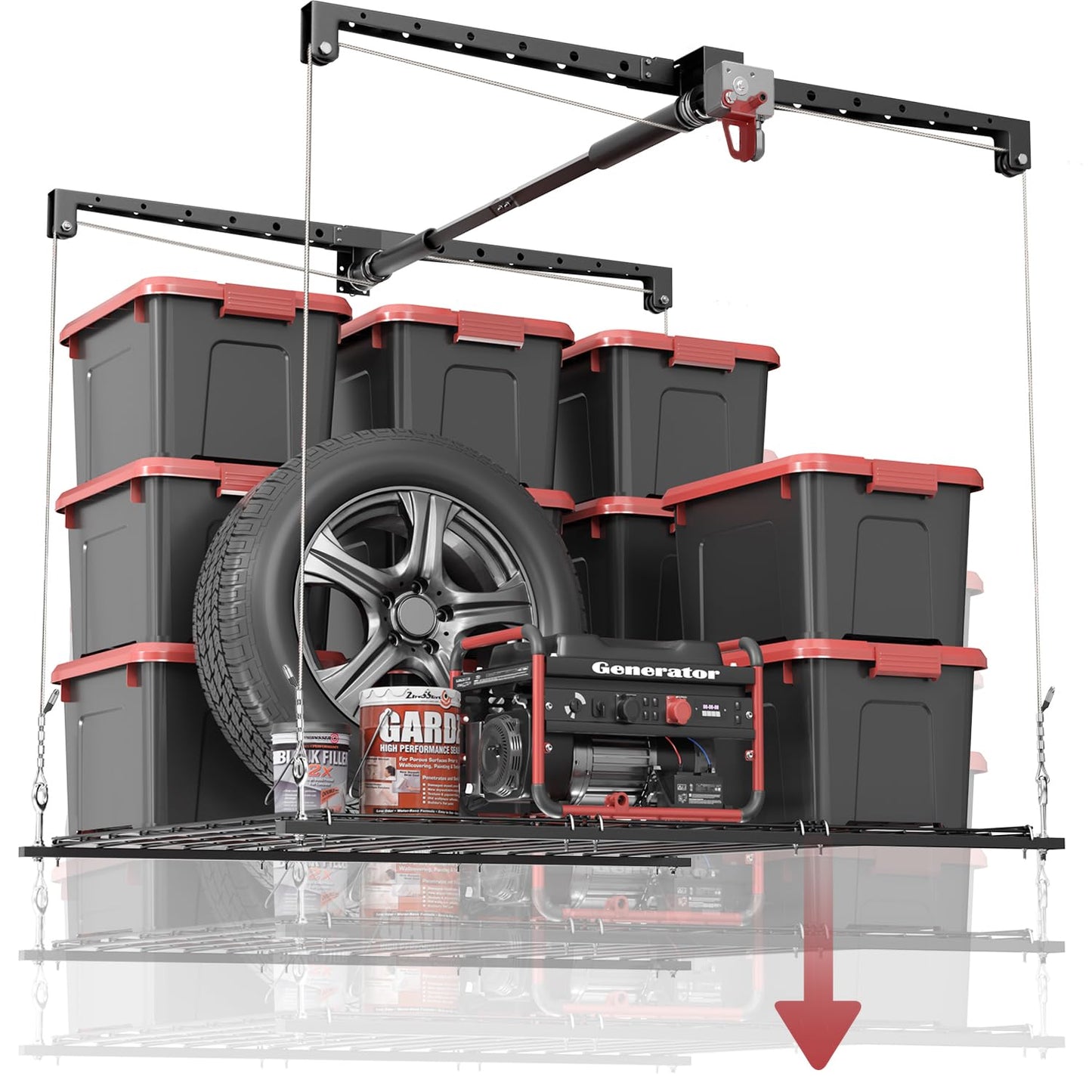 Overhead Garage Storage Rack for 8-10 FT Ceiling, 4x4 FT Ceiling Storage Racks with Safety Lock, Ideal for Garage Storage Mounted Lift System and Storage Organizer, 250lbs Capacity