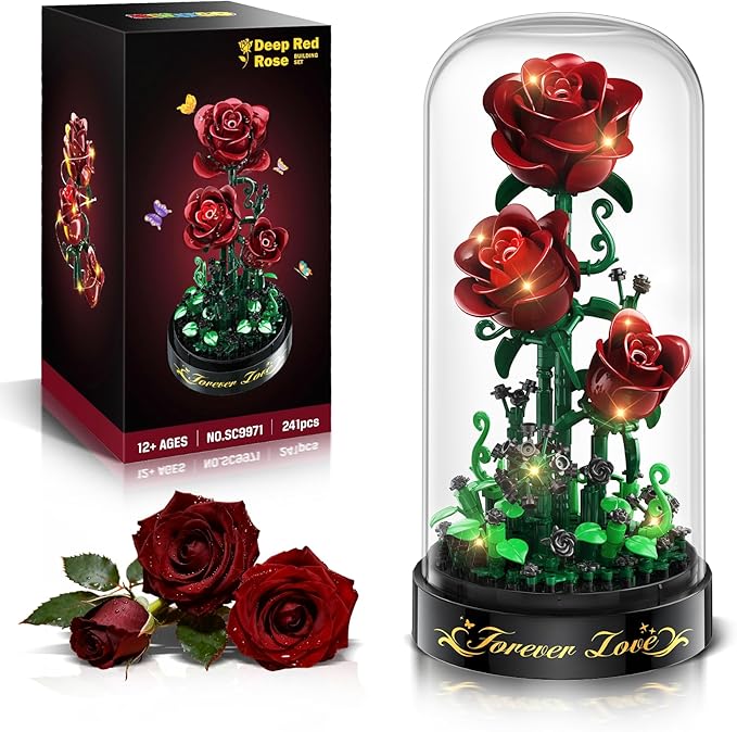 Flower Building Set with LED Light - 241 PCS Burgundy Red Rose Building Blocks Kit with Cover Easter Day Gift for Her Grilfriend Wife 3.6MM Mini Botanical Collection Block Toy Home Decor