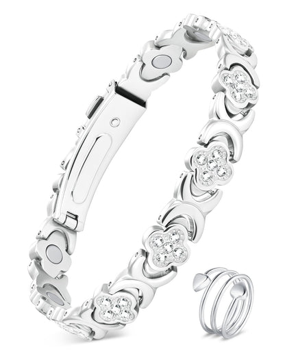 Feraco Pure Copper Bracelets & Rings for Women, Ultra Strength Magnetic Bracelet for Women with Neodymium Magnets & Sparkling Cubic Zirconia, Adjustable, Infinite Clover Jewelry (Silver)
