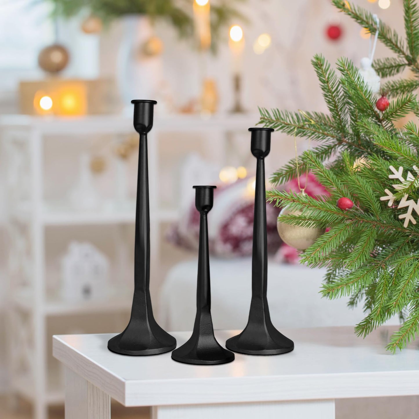 Iron Taper Candle Holders Set of 3, Black Metal Candlestick Holders for Taper Candles, Tall Decorative Candle Stands for Wedding Centerpieces, Dining Table, Mantel & Home Decor (Black, 12" 14" 15.5")