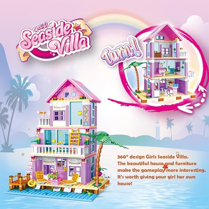 Girls Building Blocks House Toys 573 Pieces Seaside Beach Villa Friends Building Set Educational Holiday Cottage Construction Bricks Toys