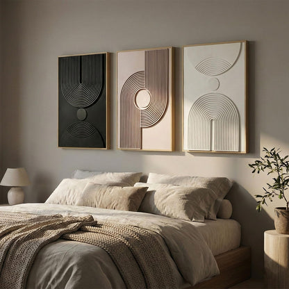 Framed 3D Textured Boho Neutral Abstract Wall Art for Living Room, 3 Piece Mid Century Modern Artwork for Walls, Creamy White Brown Relief Sculptures for Bedroom Hallway Wall Decor 20x30 In
