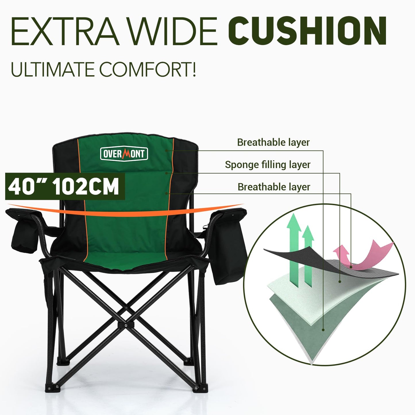 Overmont Oversized Folding Camping Chair - 450lbs Support with Padded Cushion Cooler Pockets - Heavy Duty Collapsible Chairs for Sports Garden Beach Fishing Green