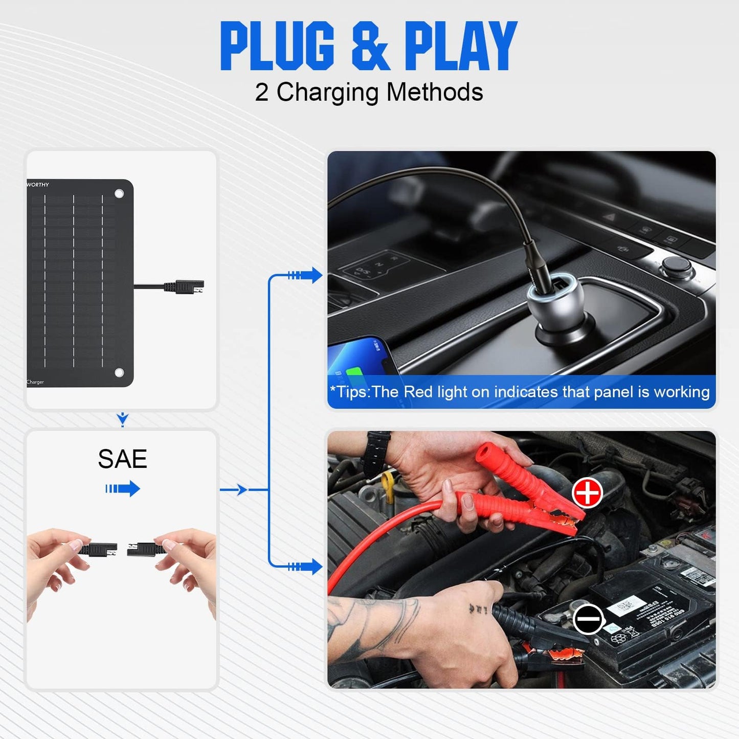 ECO-WORTHY 10W Solar Car Battery Charger Maintainer 12V Waterproof Portable Solar Trickle Charger for Car Truck Boat Lawn Mower RV Trailer Tractor ATV Utility Vehicle Battery