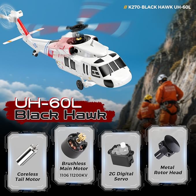 CKYSCHN UH60L Black Hawk RC Helicopter Brushless 4CH WLtoys K270 Remote Control Helicopter with Optical Flow Positioning for Adults 2.4G RC Aircraft 3 Batteries