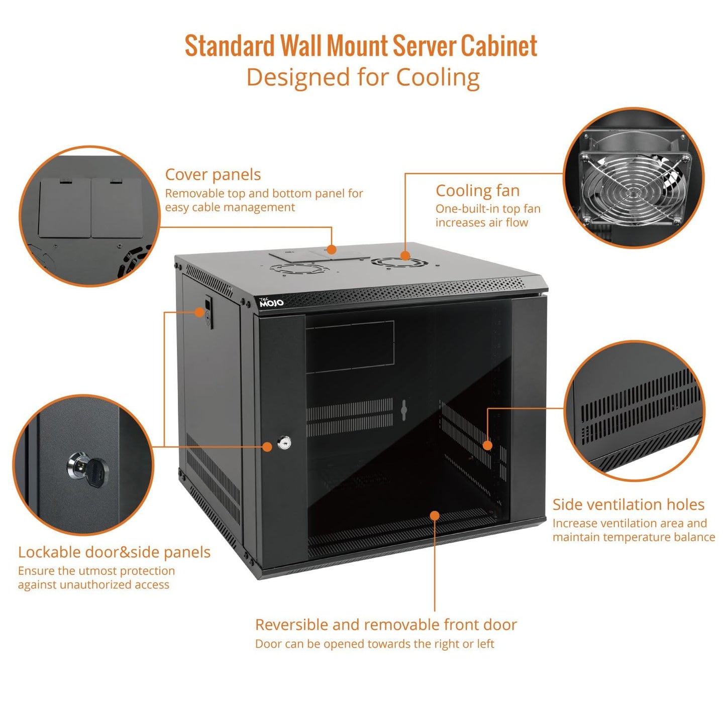Tecmojo 9U Wall Mount Server Cabinet IT Network Rack Enclosure Lockable Door and Side Panels Black,Cooling Fan, Glass Door, 17.7inch Depth,for 19” IT Equipment, A/V Devices