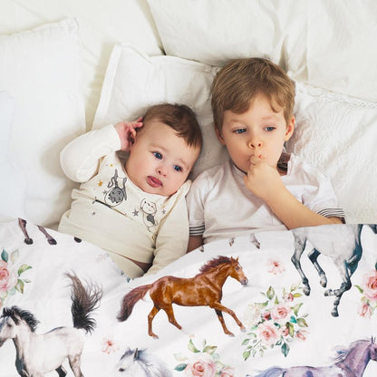 JarThenaAMCS Floral Horse Fuzzy Blanket 60 x 50 Inch Farmhouse Throw Blanket Watercolor Flower Cow Soft Cozy Flannel Blankets for Home Chair Sofa Couch Bed