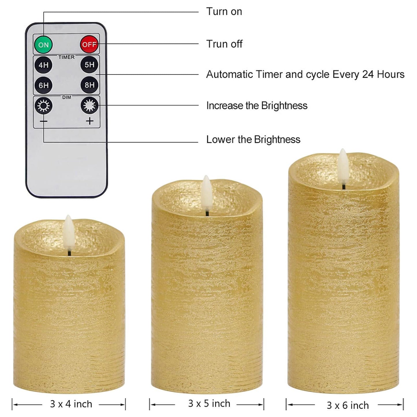 COVEGE Gold Flameless Candles with Remote, Flickering Real Wax Battery Operated Candles with Timer, Set of 3 LED Pillar Candlesfor Home Room Decor Christmas Decoration