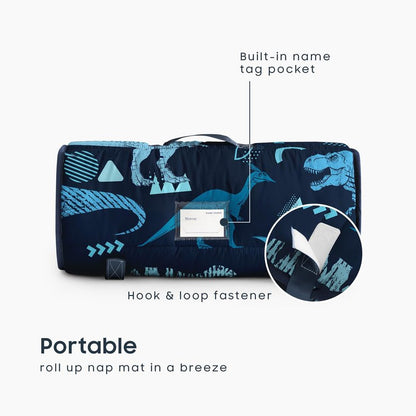 Wake In Cloud - Toddler Nap Mat with Pillow and Minky Fleece Blanket, for Kids Boys in Daycare Preschool Kindergarten, Roll Up Sleeping Bag, Jurassic Dinosaur World Sketch, Navy Blue, Standard