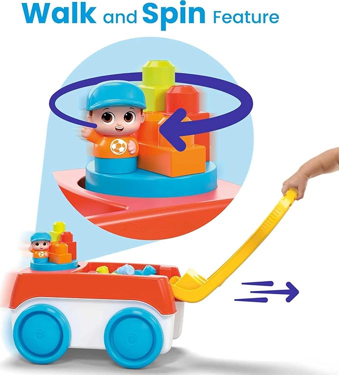 Mega Bloks First Builders Toddler Building Toy Set Block Spinning Wagon with 20 Pieces and Storage 1 Figure Ages 1+ Years