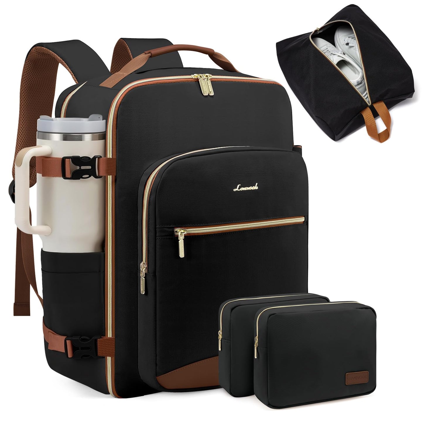LOVEVOOK 40L Large Travel Backpack for Women Men, 17 Inch Carry on Backpack for Traveling on Airplane, Personal Item Bag Airline Approved, Business Causal Weekender Backpack, Black-Brown