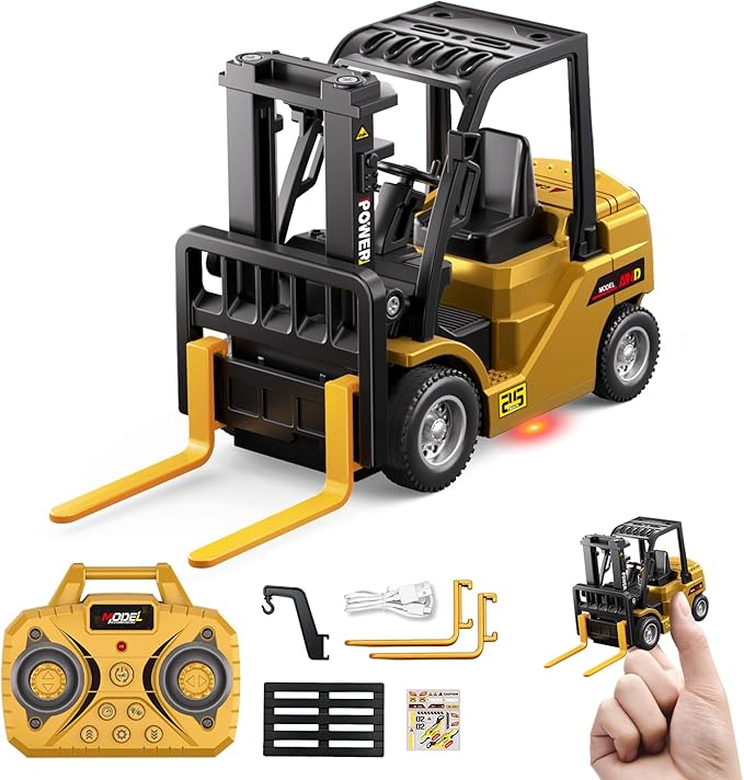 1/64 Mini RC Forklift Toy10 Channel 2 Mode Remote Control Forklift Truck with Rechargeable Battery 2 in 1 Transformable Lift Fork &amp Hook with Lights &amp Sounds Gift for Adults Kids Boys Girls