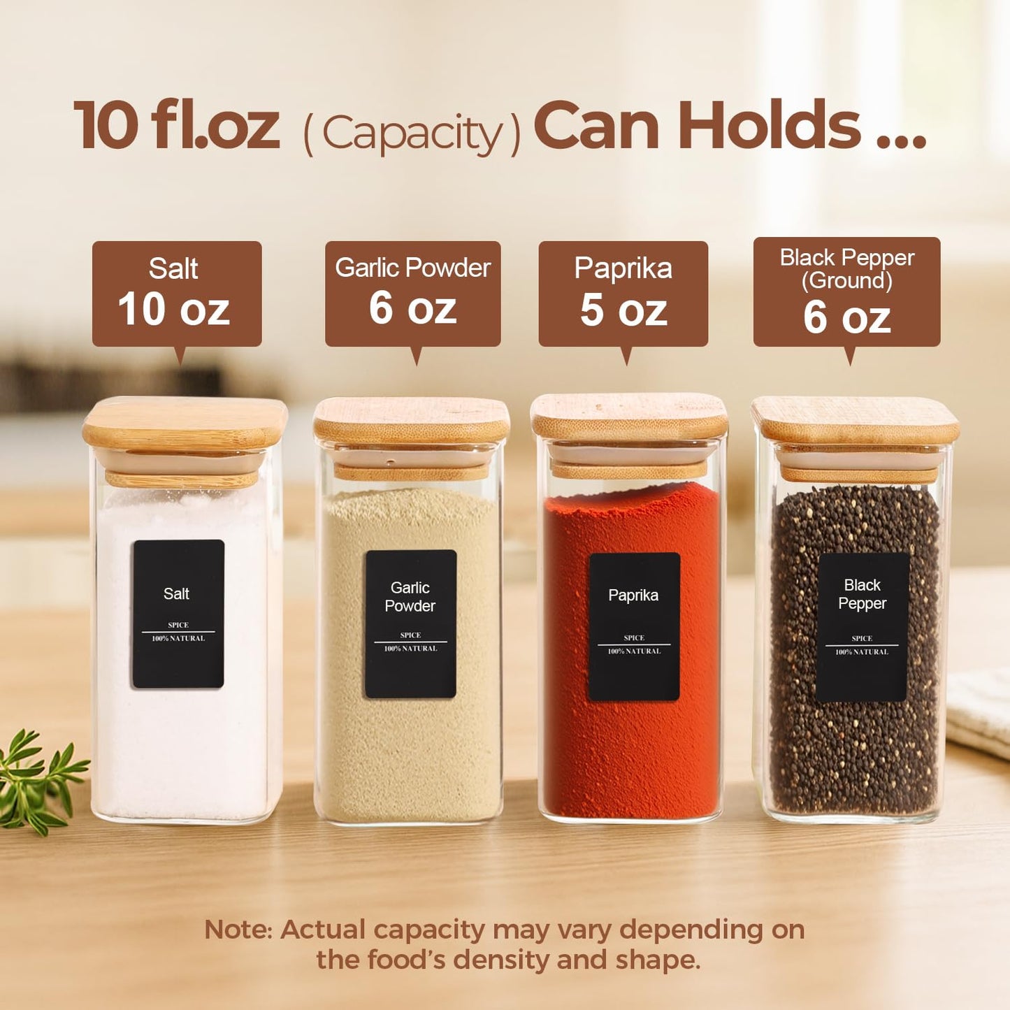 ComSaf 16Pcs Glass Spice Jars with Bamboo Lid, 4oz Airtight Square Spice Containers with 275 Black Lables, Empty Seasoning Jars for Spice Salt Sugar