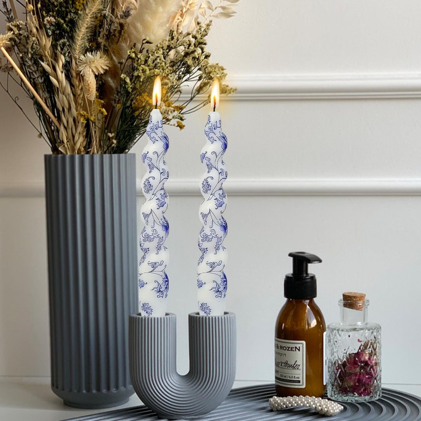 NJAO HOO Floral Taper Candles 7.5 in Spiral Candlesticks Hand Printed Blue Flower Candlestick Twisted Taper Candle for Home Garden Decor Simple Modern, 2Pcs