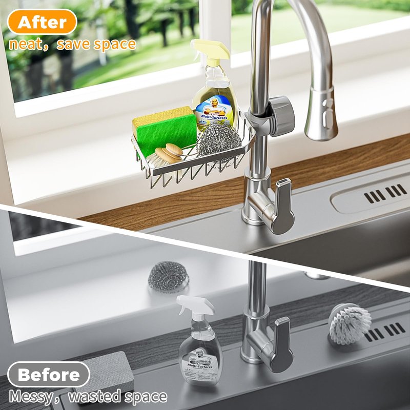 LONIN Stainless Steel Kitchen Sink Organizer Caddy – Over Faucet Sponge & Brush Holder, Rust-Resistant, Adjustable Universal Fit Faucet Rack, Quick Drain Sink Space Saver