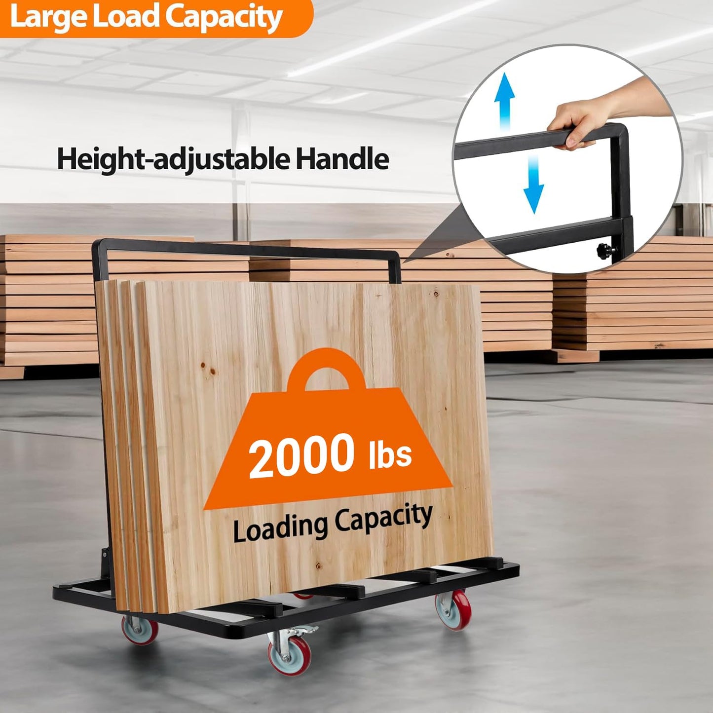 Eastrexon Folding Drywall Dolly w/ 5" Swivel Casters, 44.5" x 22" x 40" Plywood Cart w/ 2000 LBS Load Capacity, Portable Panel Truck Cart for Handling Plywood, Plasterboard, Glass