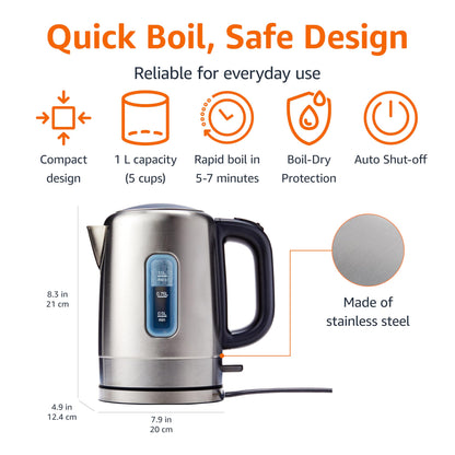 Amazon Basics Electric Stainless Steel Kettle for Tea and Coffee, BPA-Free, Fast Boiling, Auto Shut-Off, 1 Liter, 1500W, Black and Silver