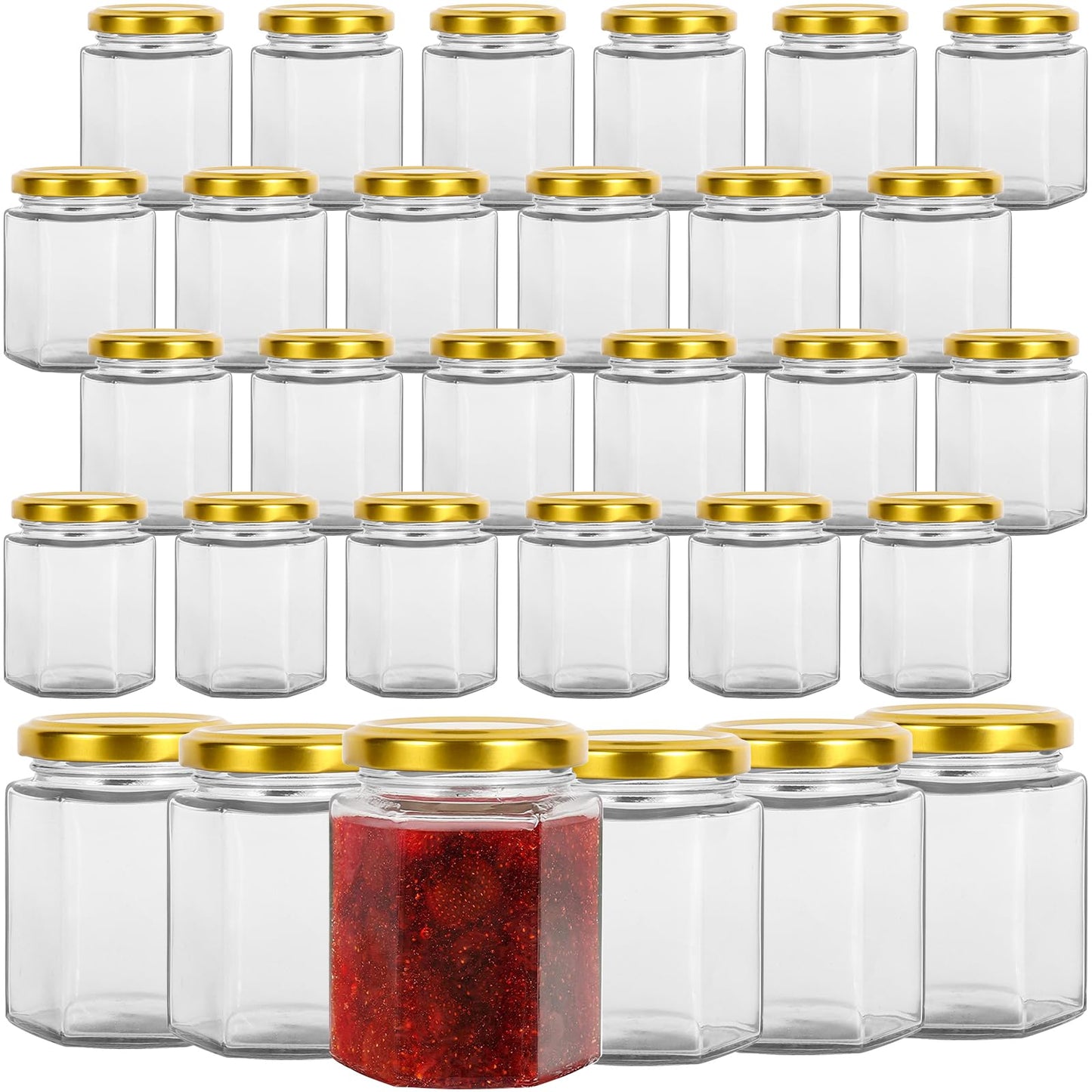 Keketin Hexagonal Glass Jam Jars with Gold Lids 6 oz,30 Pack Glass Canning Jars Food Storage Preserving Jars for Honey,Fruits Salad,Baby Foods,Spices,desserts