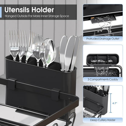 Urackify Dish Drying Rack for Kitchen Counter, Sink Dish Rack with Drainboard 12.2" W x 16.5" L, Large Dish Drainer with Cutlery Holder, Home Countertop Plate Dryer Storage Rack, Black
