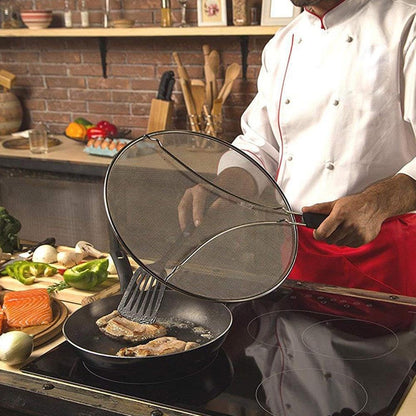 Grease Splatter Screen for Frying Pan 13 inch - Stops 99% of Hot Oil Splash - Protects Skin from Burns - Splatter Guard for Cooking - Iron Skillet Lid Keeps Kitchen Clean, includes Silicone Spatula