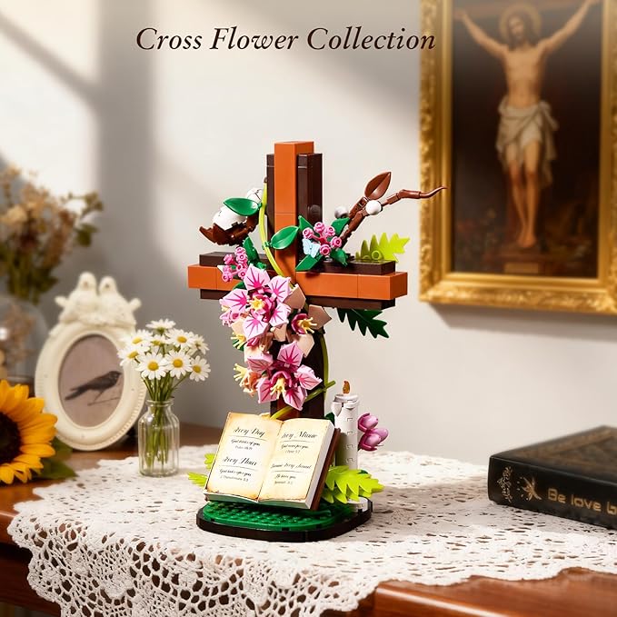 Jesus Cross Flower Building Set Religious Cross Collectibles Compatible with Lego Jesus Catholic Building Toys Easter Christian Birthday Gifts for Mothers Women or Adults (568 PCS)