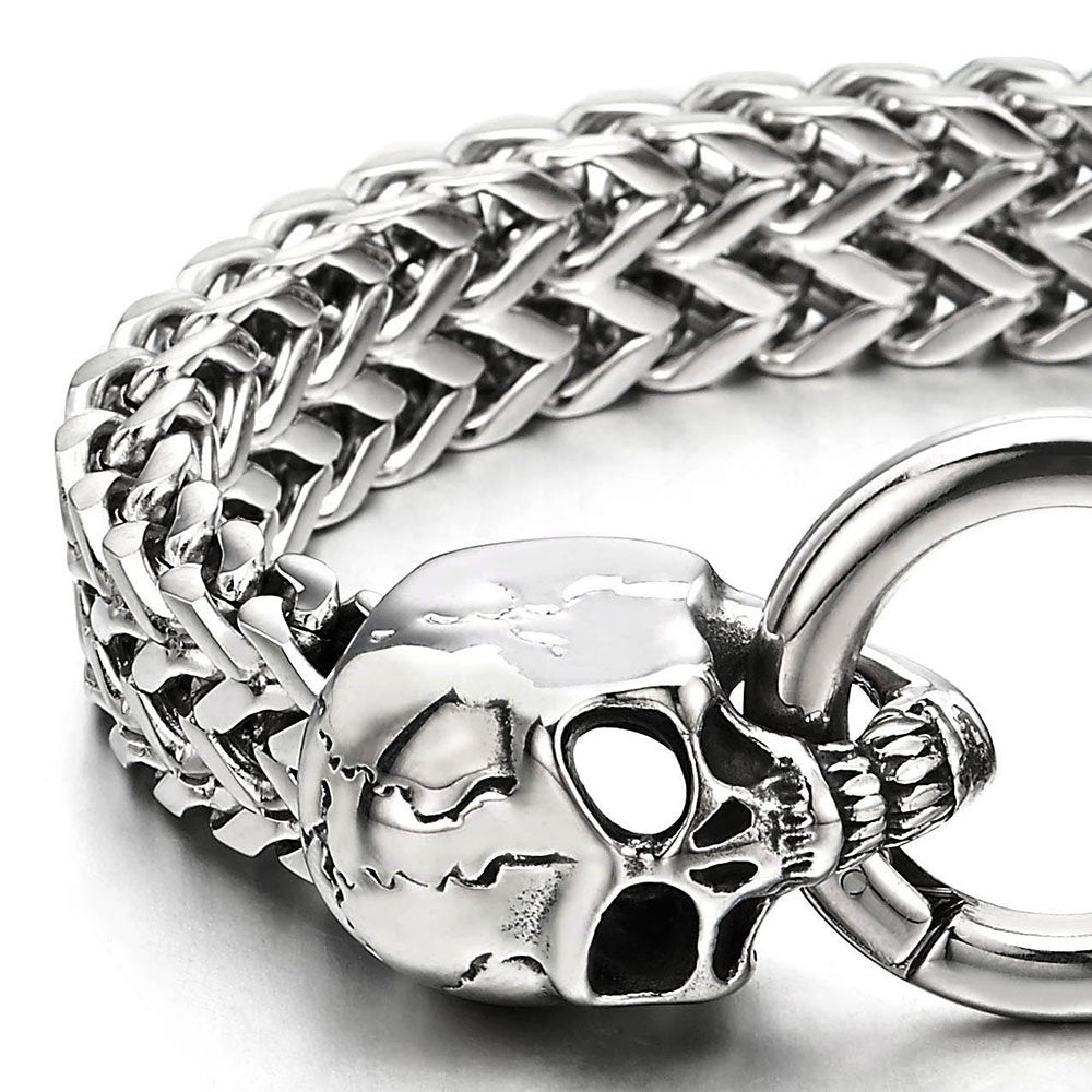 COOLSTEELANDBEYOND Gothic Mens Stainless Steel Skull Franco Link Curb Chain Bracelet with Spring Ring Clasp 8.5 Inches