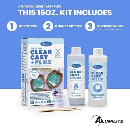 Alumilite Amazing Clear Cast Plus Epoxy Resin Kit for Making and Molding, UV, Plastic Coating, Casting for Countertops, Cups, Tumblers, High-Gloss, Glass Finish - 16 oz (8 oz Part A + 8 oz Part B)