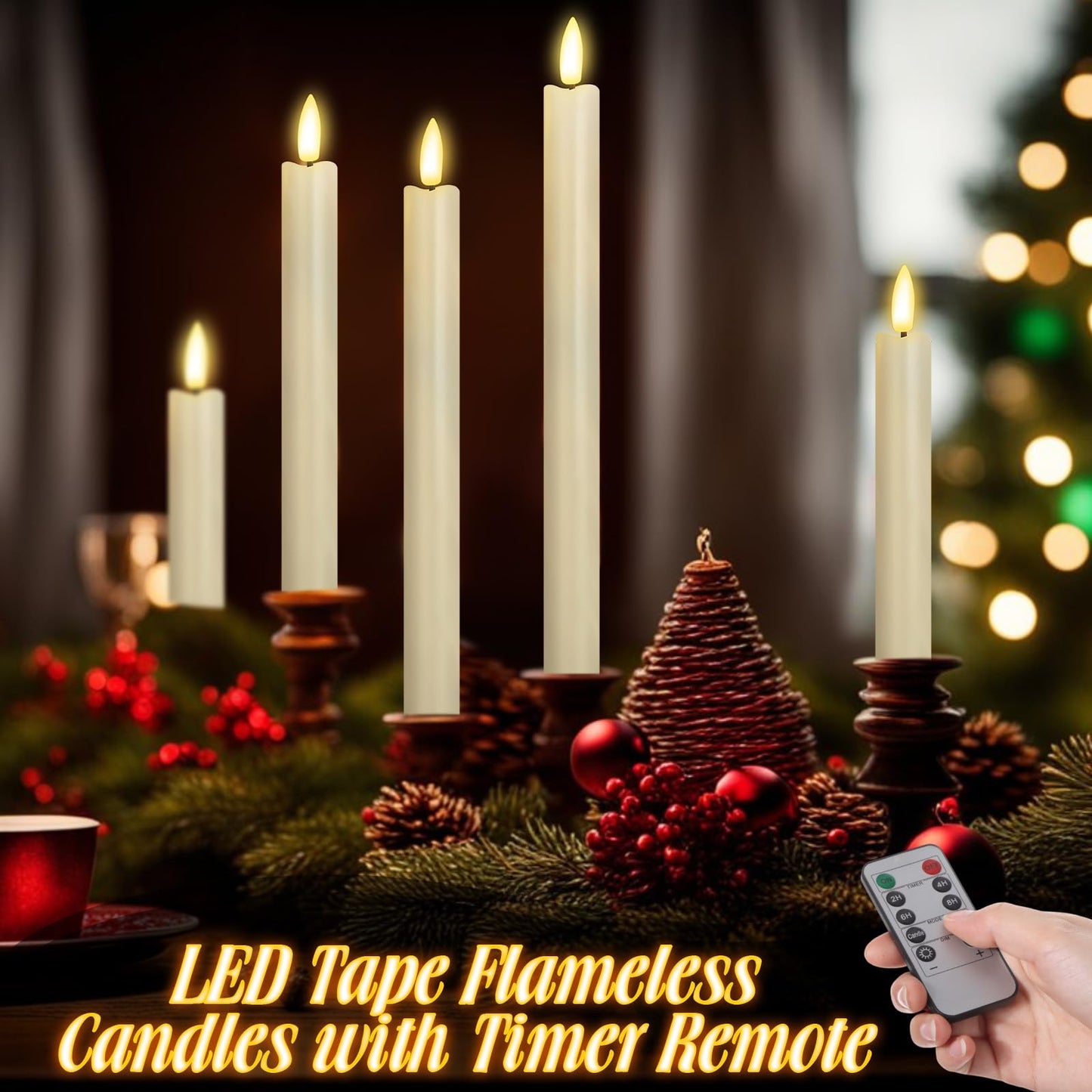Rossesay 20 Pcs Flameless Taper Candles with Remote Battery Operated Taper Candles Include 6.5'' 7.7" 8.9" 10" 11.2" Fake LED Electric Candle Sticks for Valentine's Day Home Wedding Decor (Warm White)