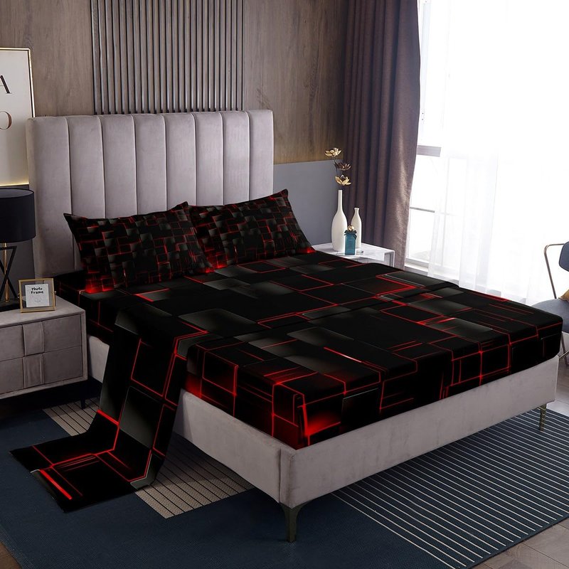 Manfei Abstract Sheet Set Full Size, Modern Geometric Square Grid Bedding Set for Kids Boy Girl Room Decor, Red and Black Bed Sheet Set 4pcs with Deep Pocket Fitted Sheet + Flat Sheet + 2 Pillowcases