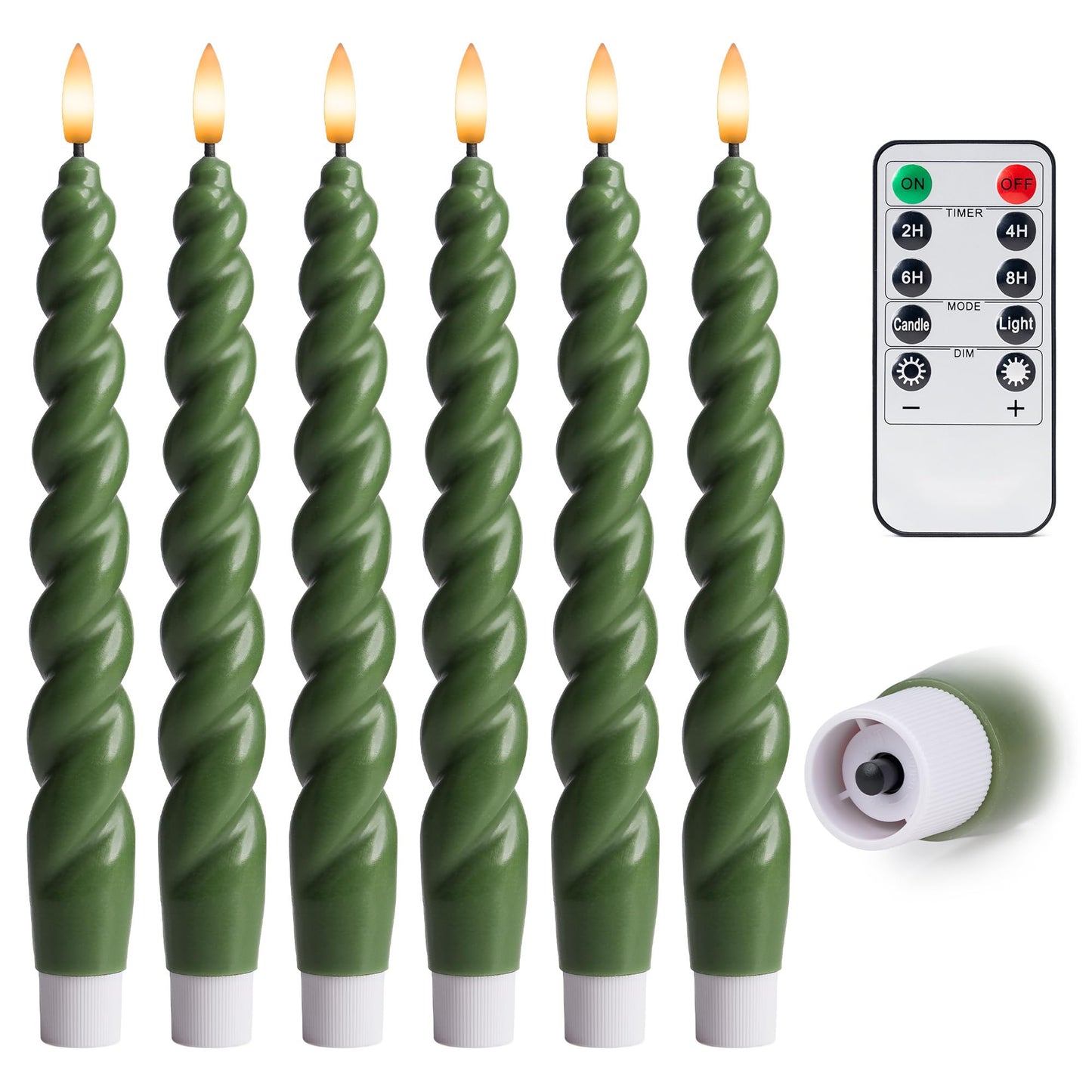 WYZworks 10" Flameless LED Taper Candles – Full Twisted Spiral – Loden Green, Set of 6 – Remote, 2/4/6/8-Hr Timer (24-hr Memory), Bottom On/Off Button, Dimmable, Battery Operated, Flicker/Steady