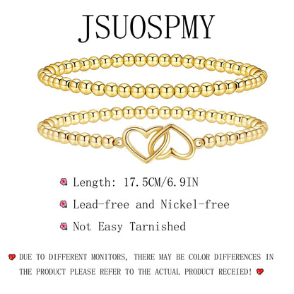 Jsuospmy Gold Beaded Bracelets for Women 14K Gold Double-heart Bracelet Handmade Stackable Bracelets for Women Trendy Non Tarnish Bracelet Jewelry Gift for Womens 2Pcs (03.Double-heart+Beaded (Gold))