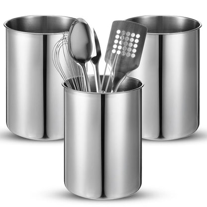 HOFURME 3 Pcs Cooking Utensil Holder for Kitchen Counter, 5.6 x 7.5 inch Metal Utensil Crock Stainless Steel Utensils Holder Container Canister Spatula Spoon Caddy Organizer (Silver)